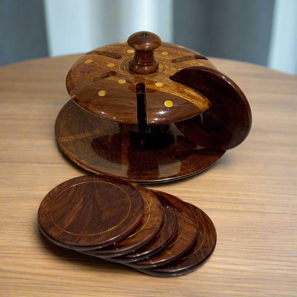 Handcrafted Wooden Tea Mat Set (Brass Work)