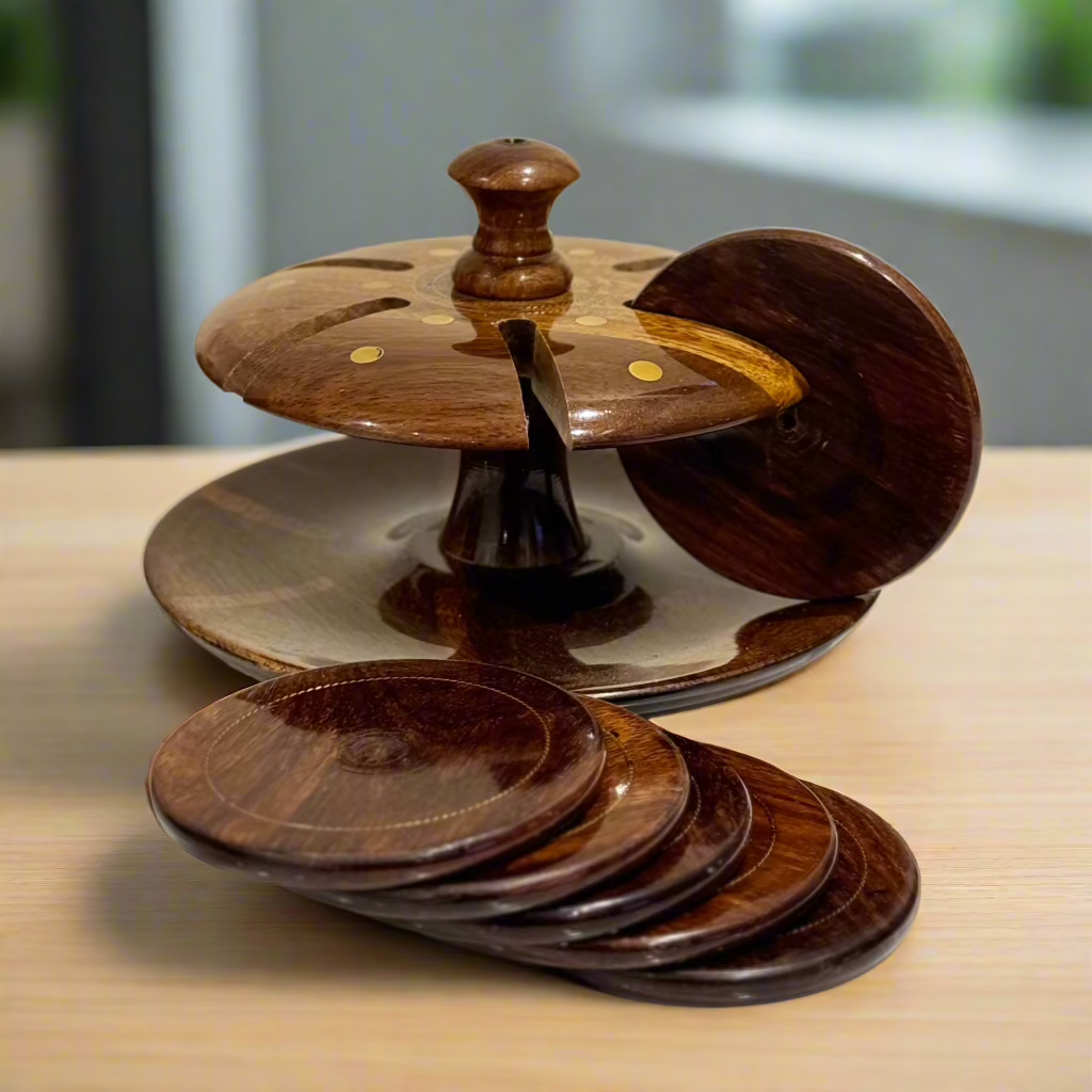 Handcrafted Wooden Tea Mat Set (Brass Work)