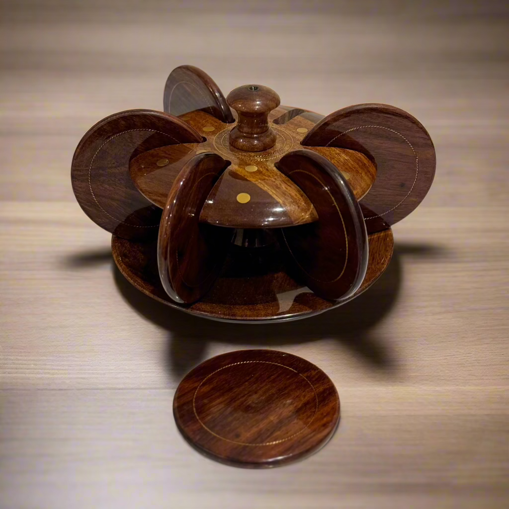 Handcrafted Wooden Tea Mat Set (Brass Work)