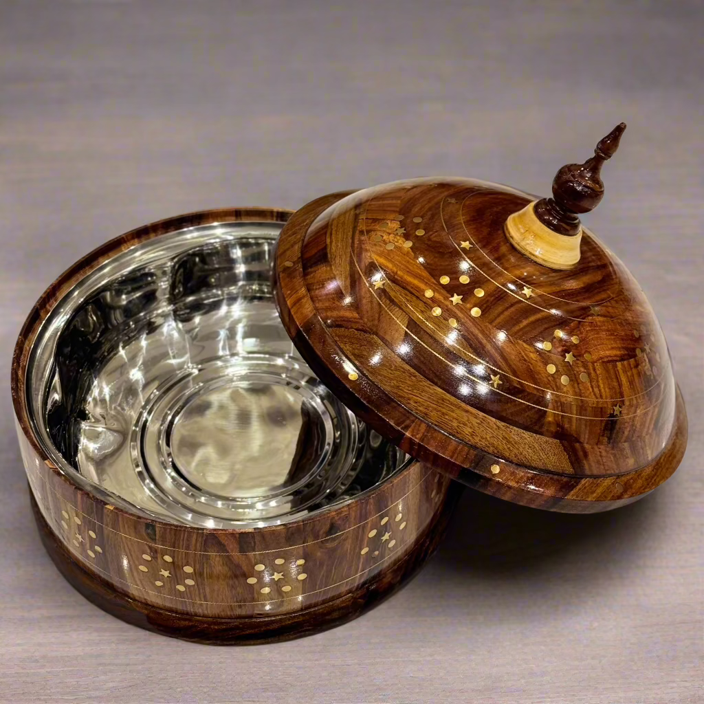 Handcrafted Wooden Hot Pot With Brass Work