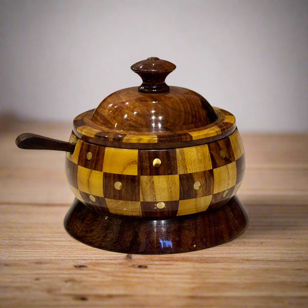 Handcrafted Wooden Sugar Pot (Chequered Design)