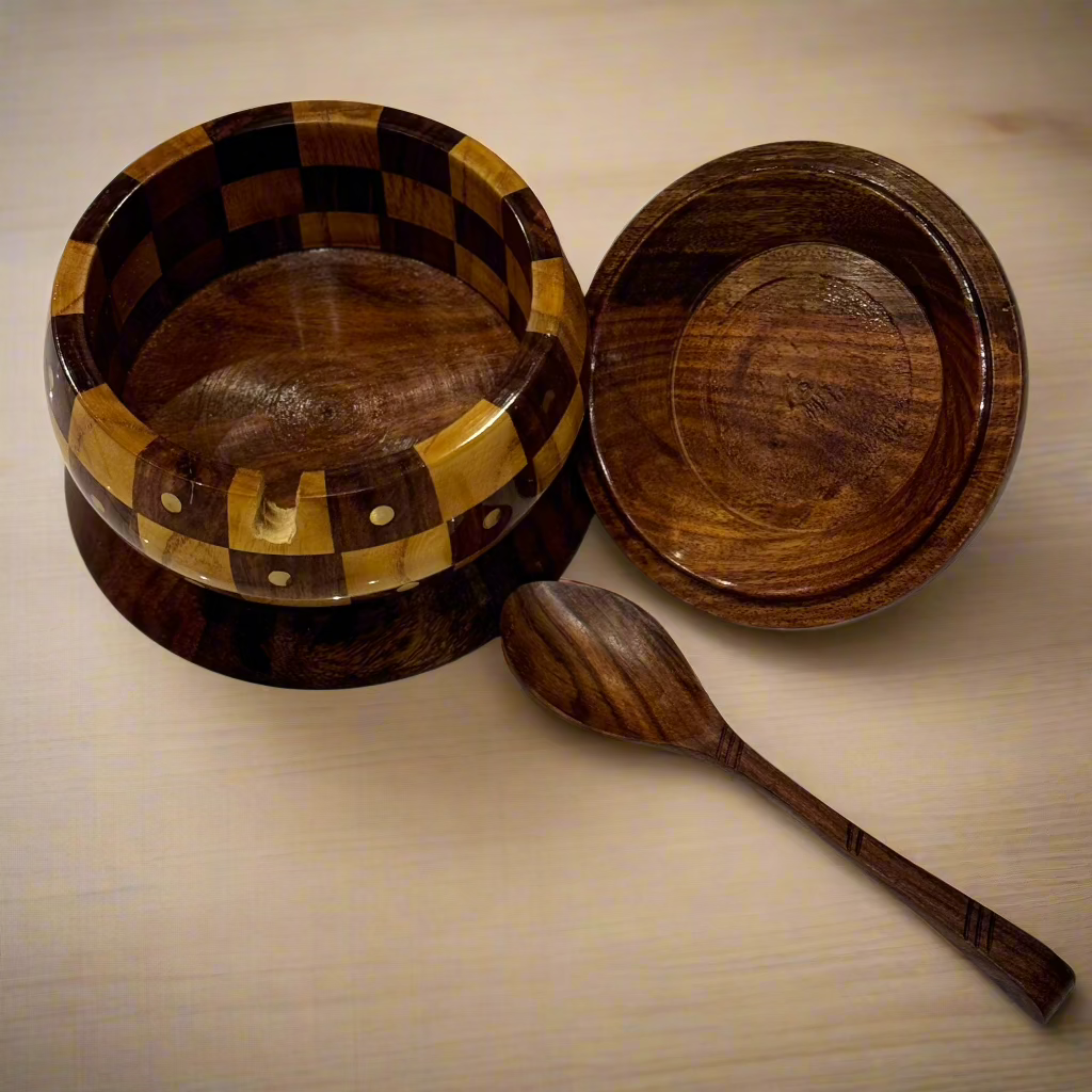 Handcrafted Wooden Sugar Pot (Chequered Design)