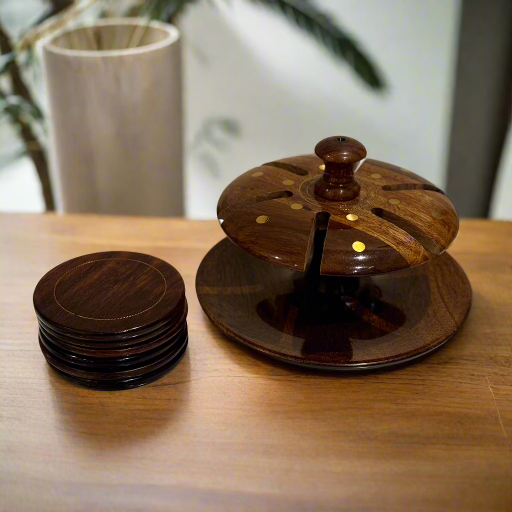 Handcrafted Wooden Tea Mat Set (Brass Work)