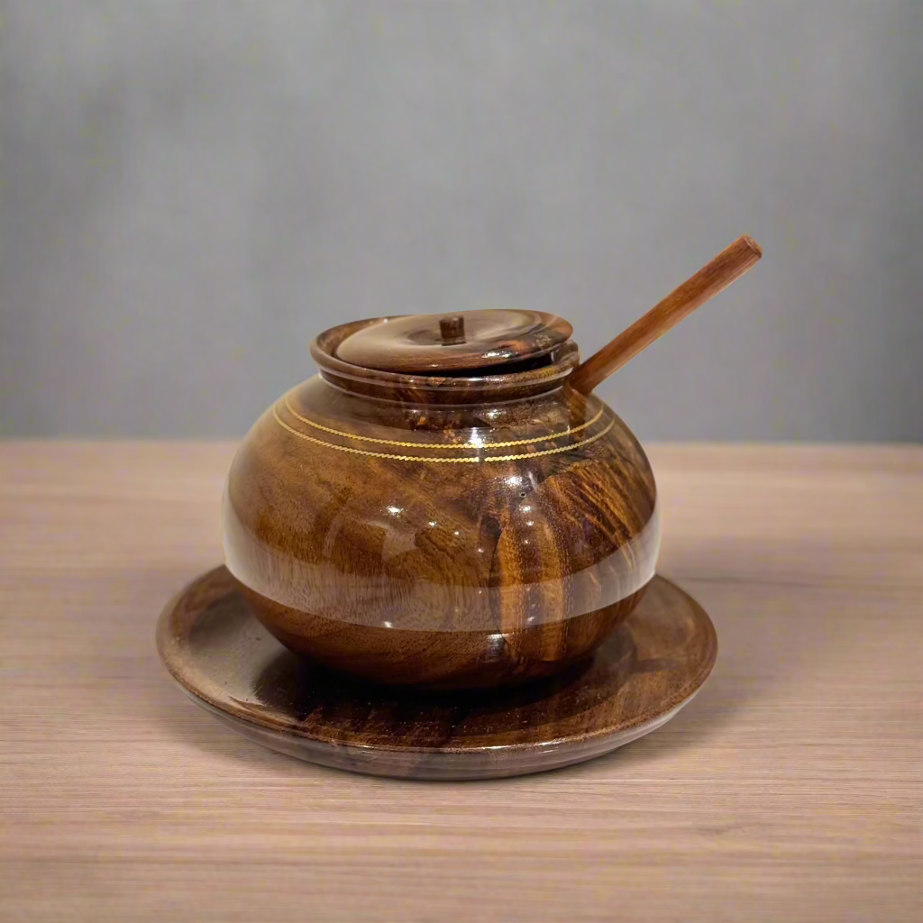 Handcrafted Wooden Sugar Pot (Brass Work)