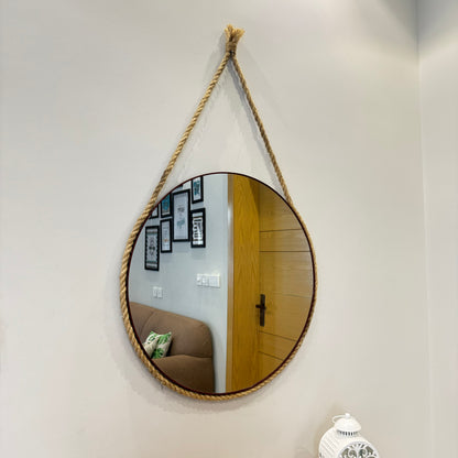 Round Wooden Mirror With Border Rope