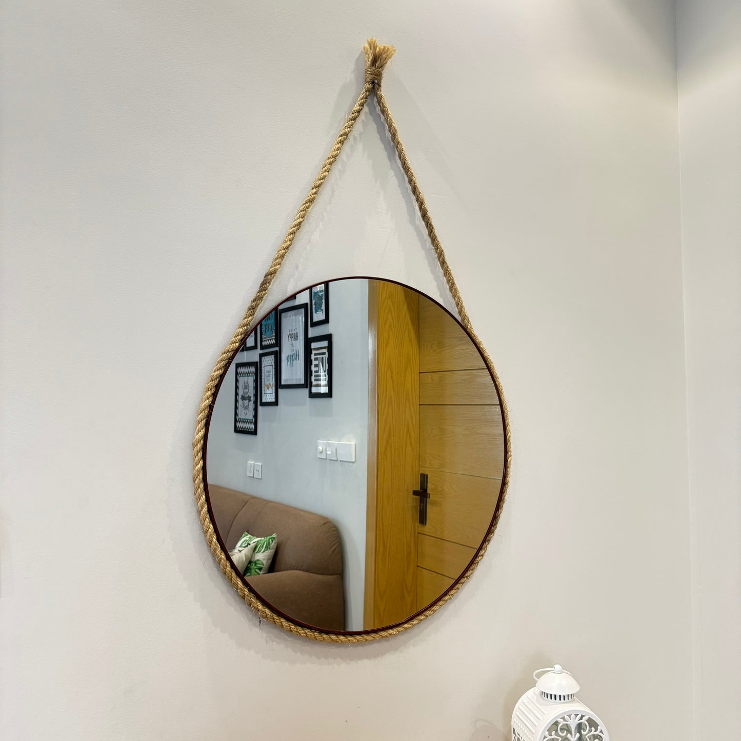 Round Wooden Mirror With Border Rope
