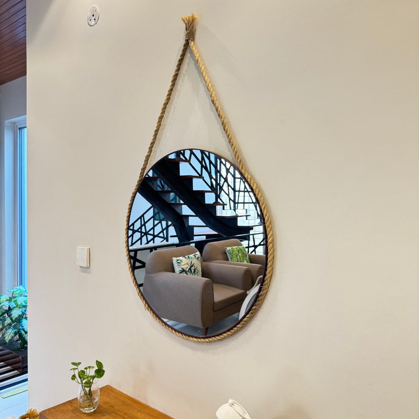 Round Wooden Mirror With Border Rope