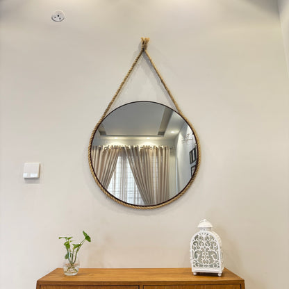 Round Wooden Mirror With Border Rope