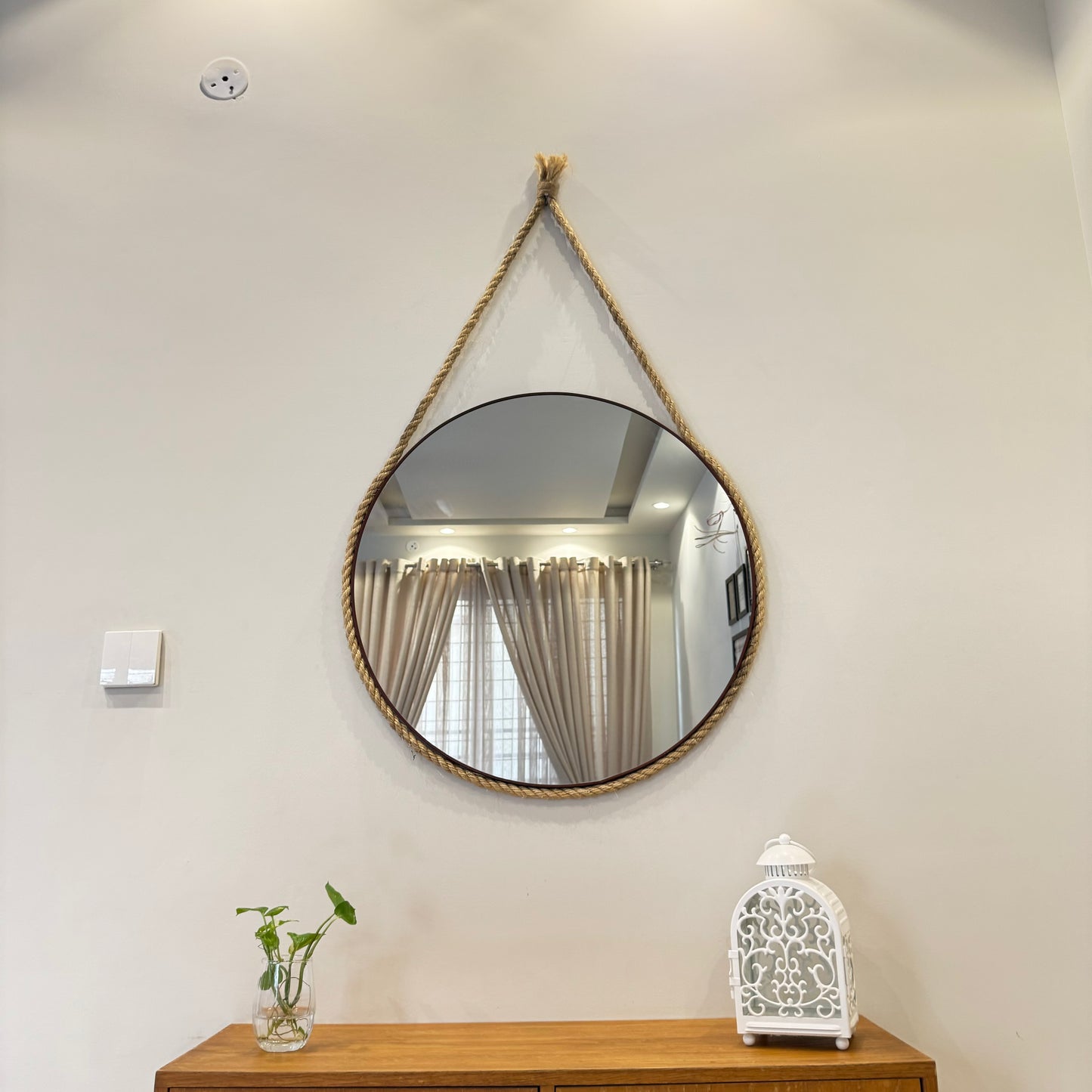 Round Wooden Mirror With Border Rope